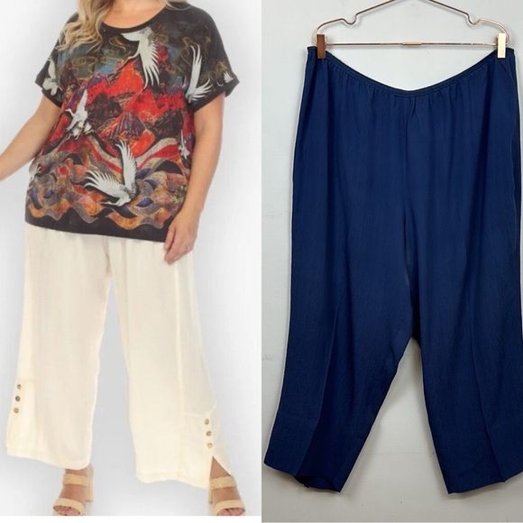 Citron Santa Monica 100% Silk Navy Button Detail Pull On Pants Sz 1X - Picture 1 of 11